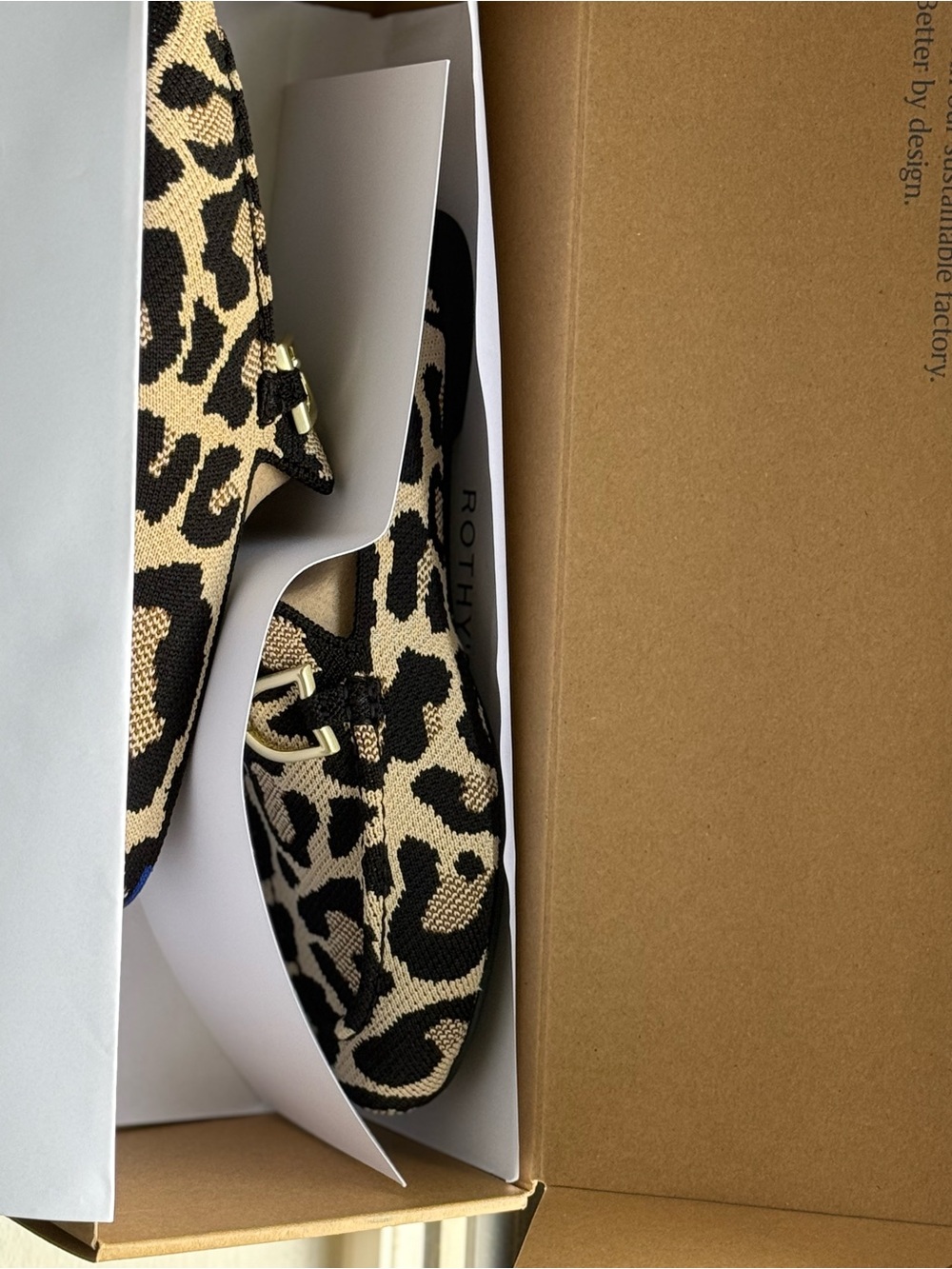 Rothy's Black and Beige Leopard Knit Slip-On Mules with Gold Buckle - Picture 4 of 4